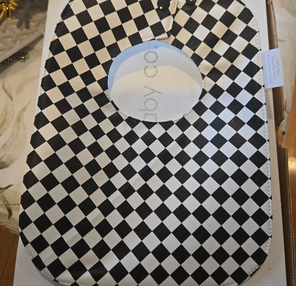 Leather  White Baby Bib with Black Harlequin Teapot Applique With Gift Box